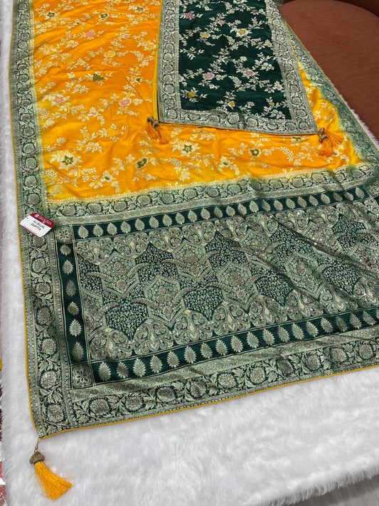 AJ-SUJAL DUPTTA SATIN SILK SAREE WITH RICH PALLU DESIGN WITH HEAVY JARKAN WORK WITH BEAUTIFUL JHAL DESIGN ON BODY WITH MEENAKARI WORK WITH CHAAP DYING WITH BEAUTIFUL DUPATTA WITH HEAVY TASSELS