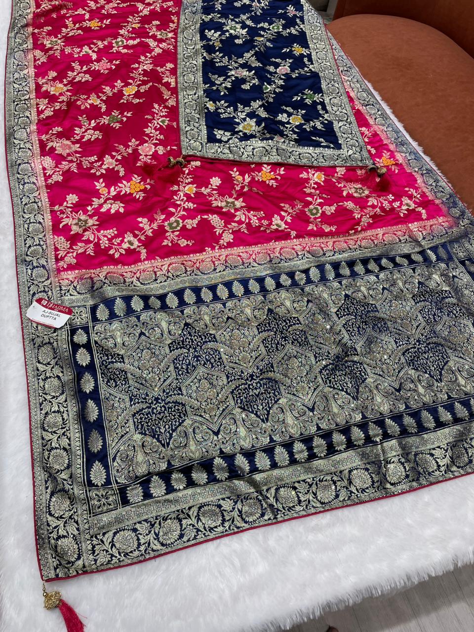 AJ-SUJAL DUPTTA SATIN SILK SAREE WITH RICH PALLU DESIGN WITH HEAVY JARKAN WORK WITH BEAUTIFUL JHAL DESIGN ON BODY WITH MEENAKARI WORK WITH CHAAP DYING WITH BEAUTIFUL DUPATTA WITH HEAVY TASSELS