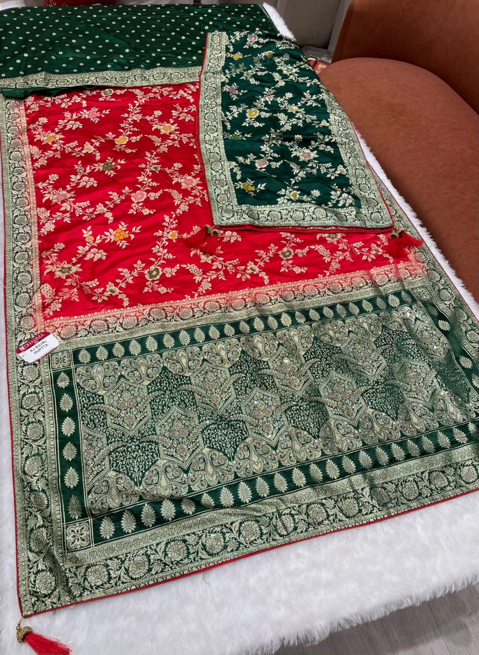 AJ-SUJAL DUPTTA SATIN SILK SAREE WITH RICH PALLU DESIGN WITH HEAVY JARKAN WORK WITH BEAUTIFUL JHAL DESIGN ON BODY WITH MEENAKARI WORK WITH CHAAP DYING WITH BEAUTIFUL DUPATTA WITH HEAVY TASSELS