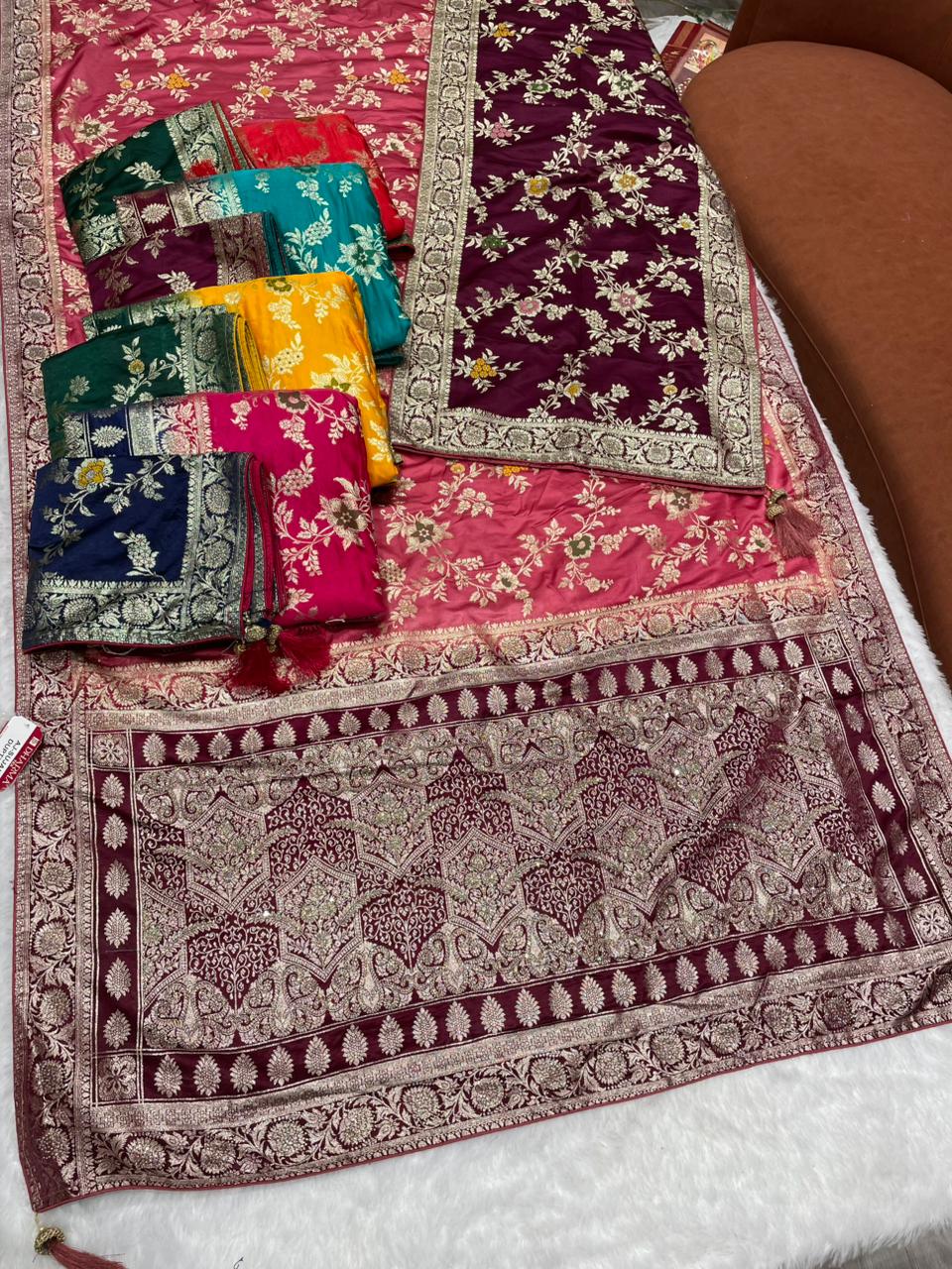 AJ-SUJAL DUPTTA SATIN SILK SAREE WITH RICH PALLU DESIGN WITH HEAVY JARKAN WORK WITH BEAUTIFUL JHAL DESIGN ON BODY WITH MEENAKARI WORK WITH CHAAP DYING WITH BEAUTIFUL DUPATTA WITH HEAVY TASSELS