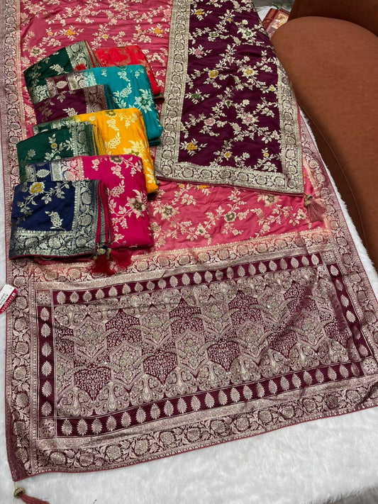 AJ-SUJAL DUPTTA SATIN SILK SAREE WITH RICH PALLU DESIGN WITH HEAVY JARKAN WORK WITH BEAUTIFUL JHAL DESIGN ON BODY WITH MEENAKARI WORK WITH CHAAP DYING WITH BEAUTIFUL DUPATTA WITH HEAVY TASSELS
