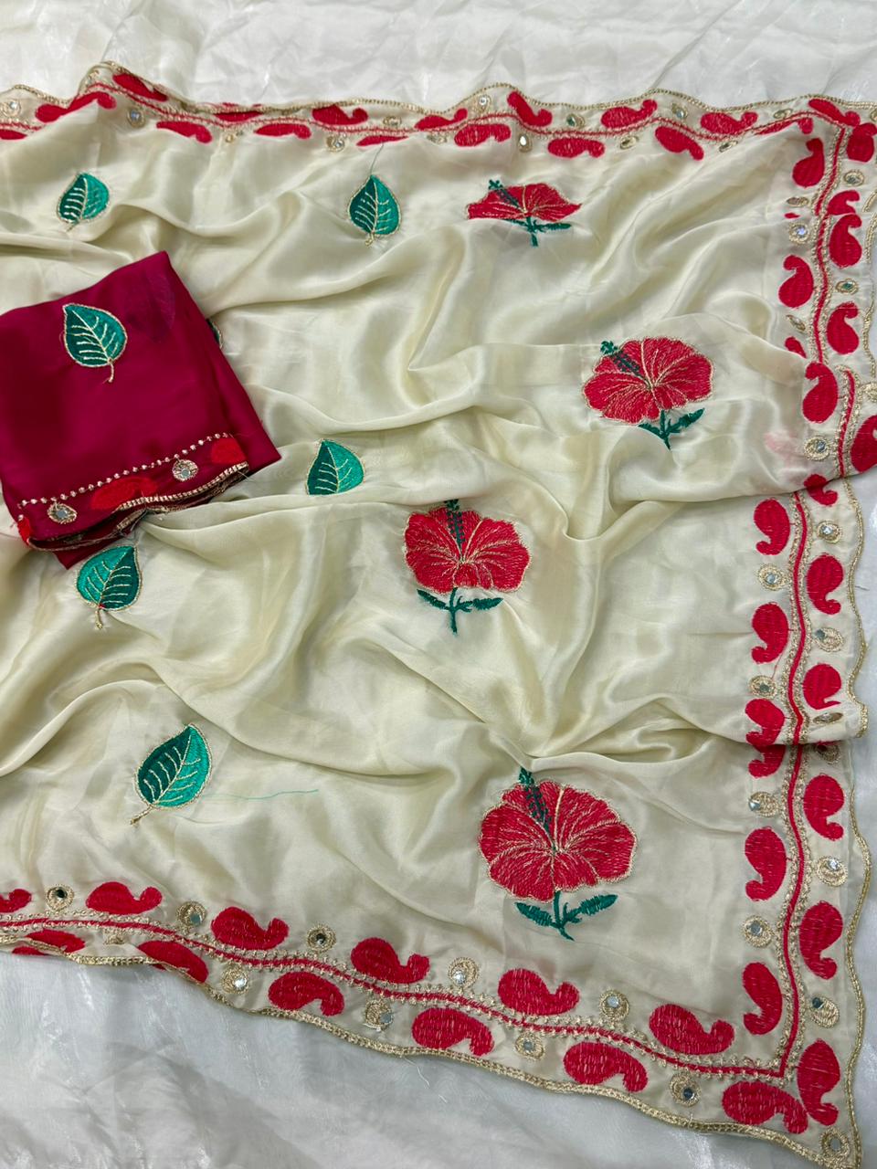 NN-2136 RANGOLI CHIFON FABRIC WITH HEAVY PALLU WORK AND ALLOVER EMBROIDERY WORK WITH BUTTI WITH HEAVY C-PALLU WORK WITH HEAVY MIRROR WORK WITH CONTRAST EMBRODIARY WORK BLOUSE WITH HEAVY MIRROR ON IT