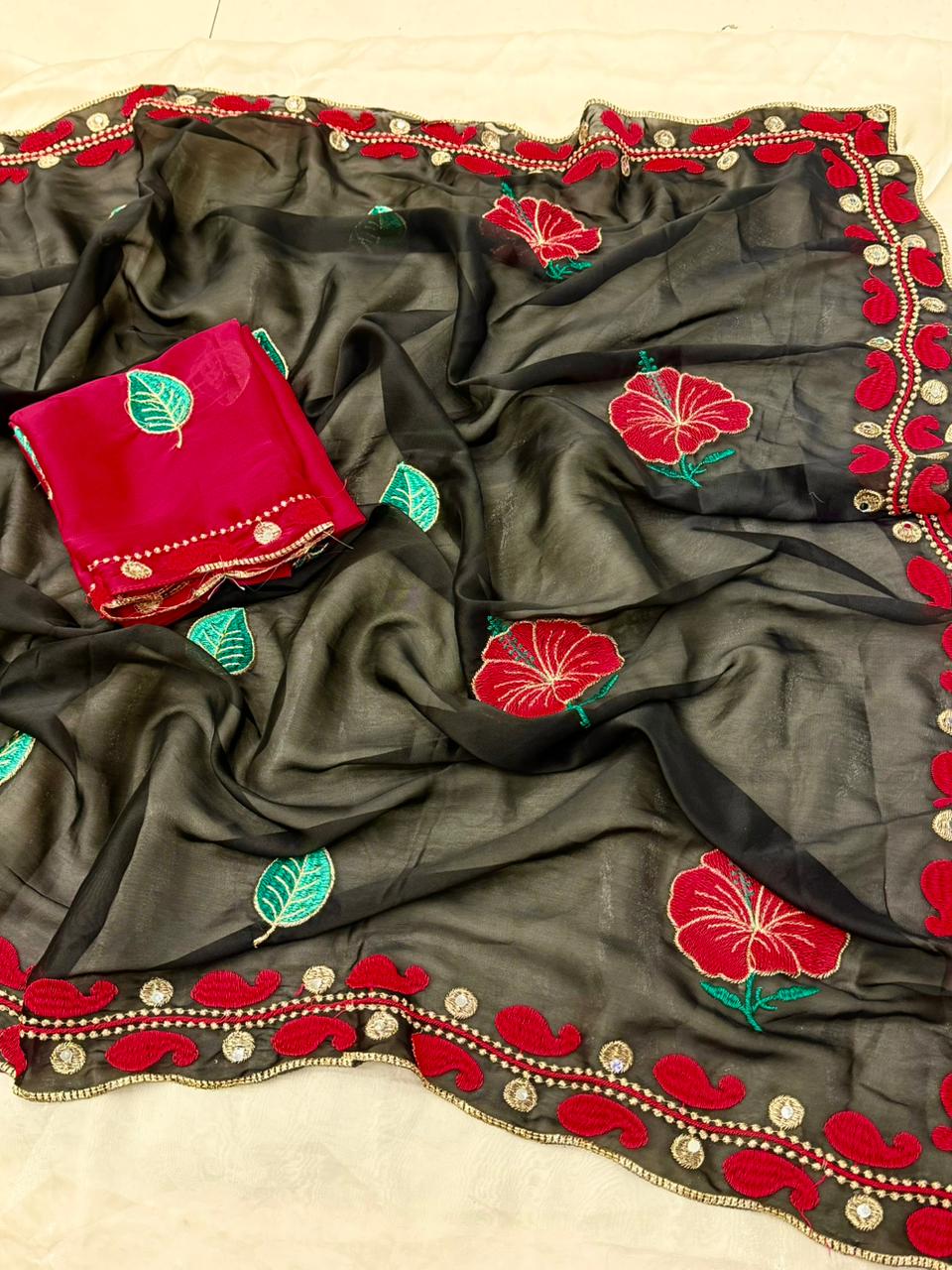 NN-2136 RANGOLI CHIFON FABRIC WITH HEAVY PALLU WORK AND ALLOVER EMBROIDERY WORK WITH BUTTI WITH HEAVY C-PALLU WORK WITH HEAVY MIRROR WORK WITH CONTRAST EMBRODIARY WORK BLOUSE WITH HEAVY MIRROR ON IT
