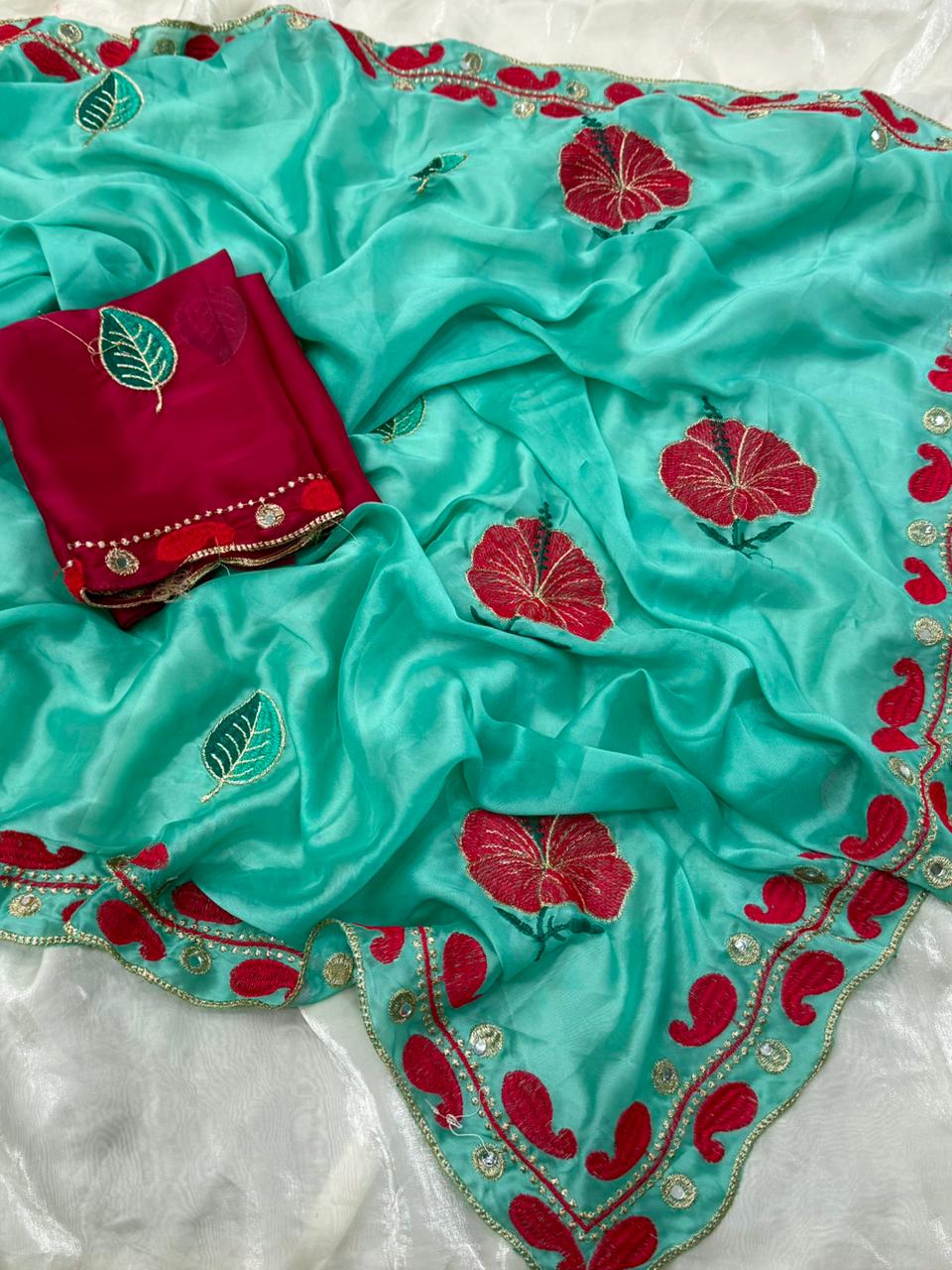 NN-2136 RANGOLI CHIFON FABRIC WITH HEAVY PALLU WORK AND ALLOVER EMBROIDERY WORK WITH BUTTI WITH HEAVY C-PALLU WORK WITH HEAVY MIRROR WORK WITH CONTRAST EMBRODIARY WORK BLOUSE WITH HEAVY MIRROR ON IT