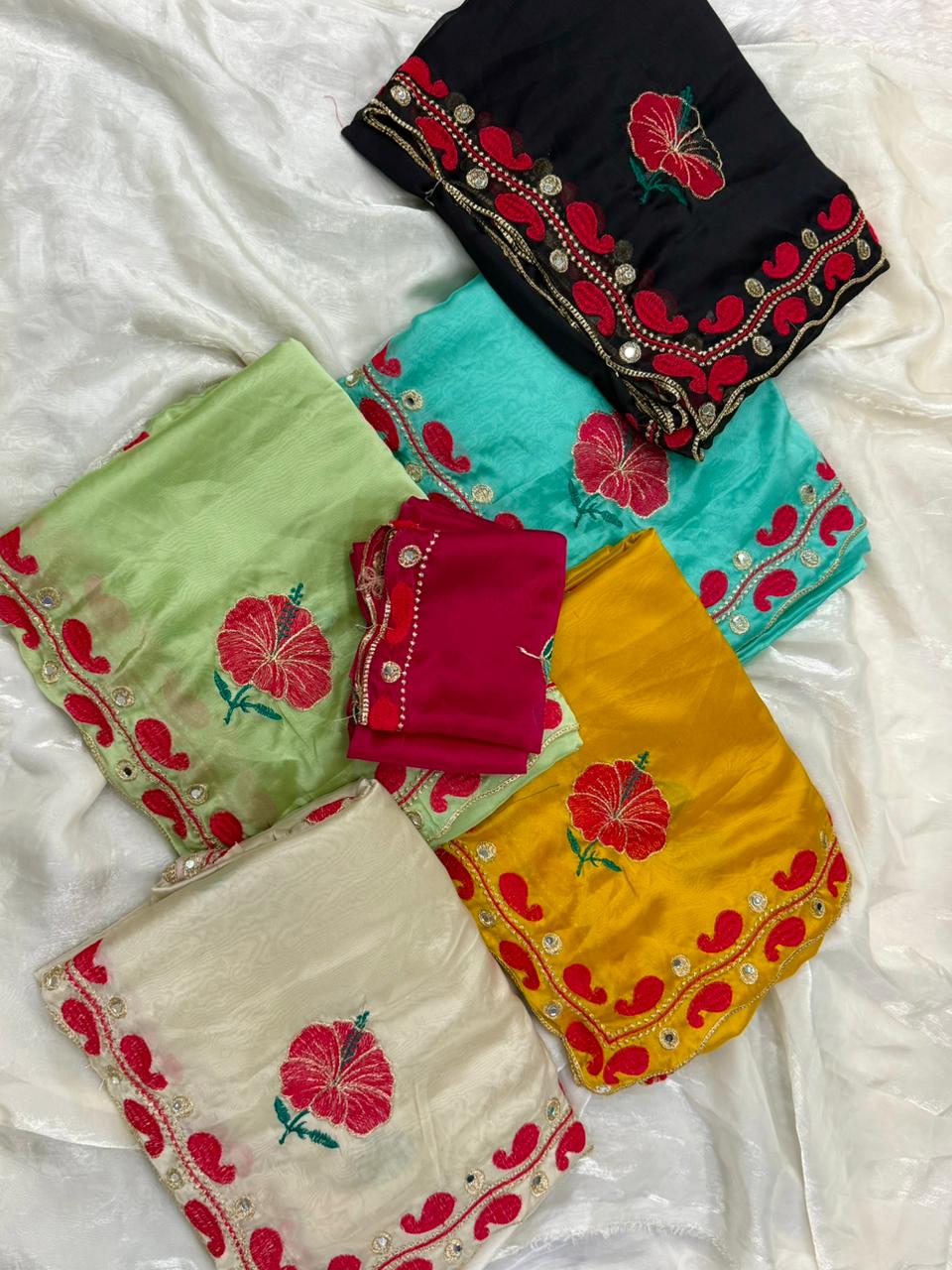 NN-2136 RANGOLI CHIFON FABRIC WITH HEAVY PALLU WORK AND ALLOVER EMBROIDERY WORK WITH BUTTI WITH HEAVY C-PALLU WORK WITH HEAVY MIRROR WORK WITH CONTRAST EMBRODIARY WORK BLOUSE WITH HEAVY MIRROR ON IT