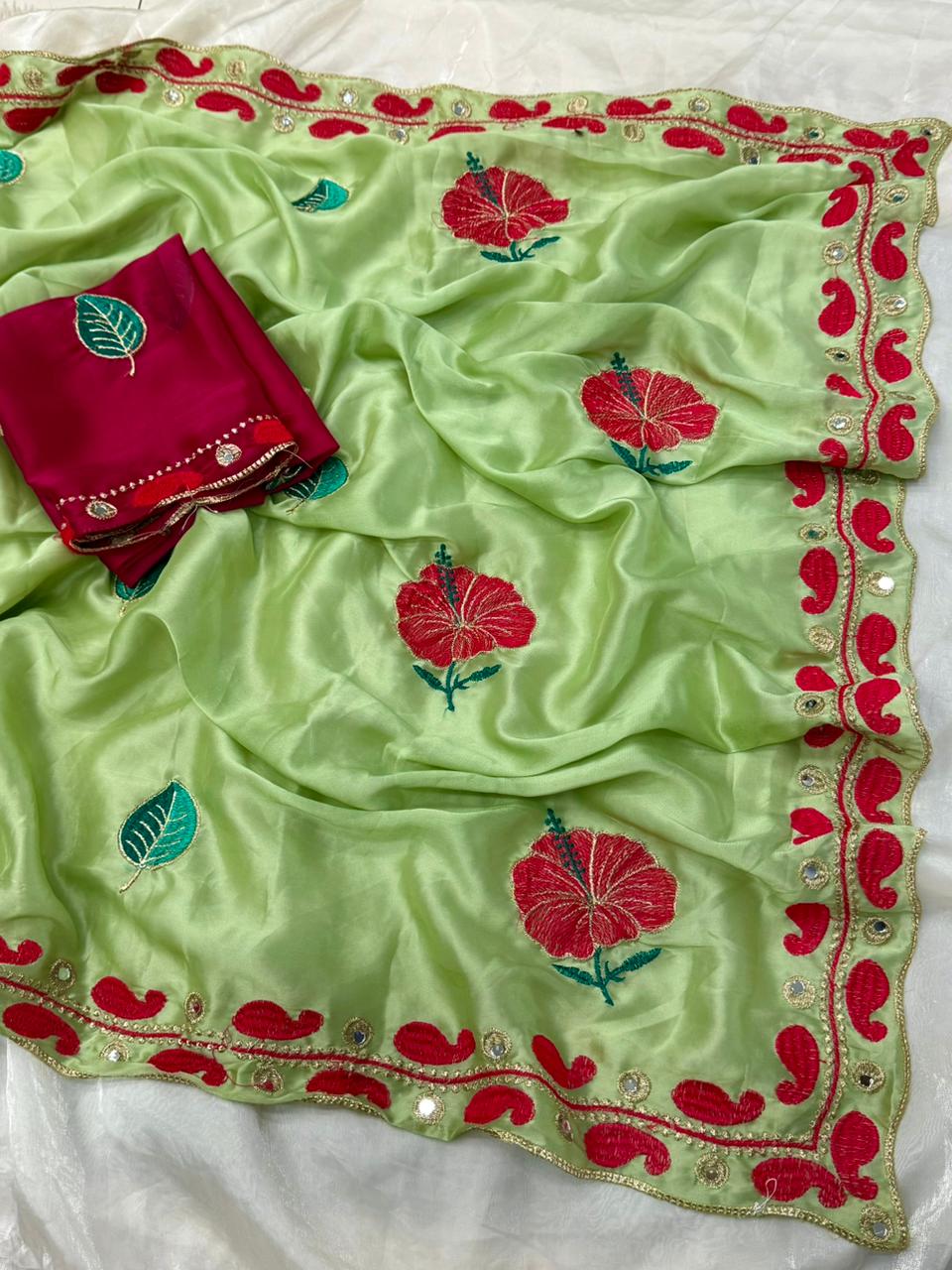 NN-2136 RANGOLI CHIFON FABRIC WITH HEAVY PALLU WORK AND ALLOVER EMBROIDERY WORK WITH BUTTI WITH HEAVY C-PALLU WORK WITH HEAVY MIRROR WORK WITH CONTRAST EMBRODIARY WORK BLOUSE WITH HEAVY MIRROR ON IT