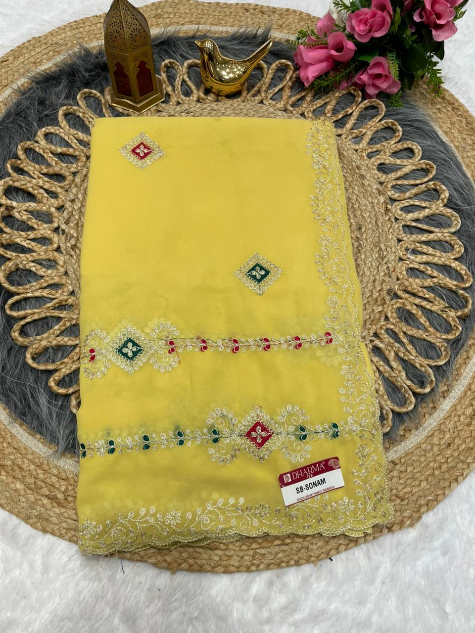 SB-SONAM  STAR GEORGETTE SAREE WITH BEAUTIFUL EMBROIDERY WITH THREAD WORK WITH WORK BLOUSE
