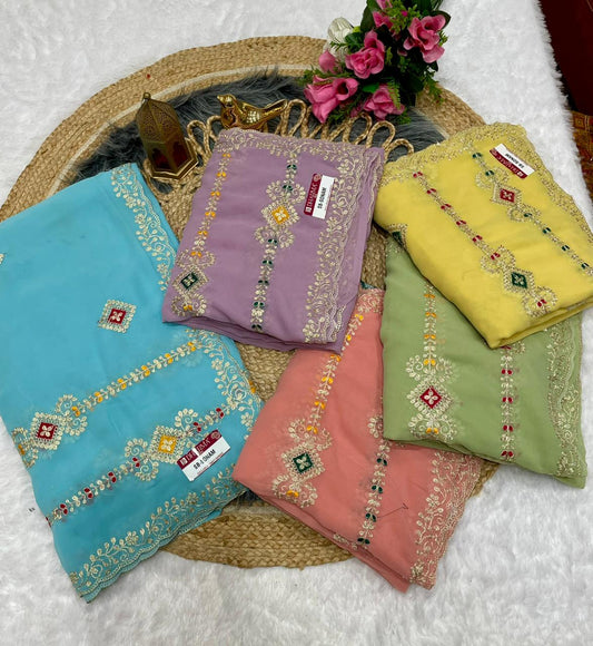 SB-SONAM  STAR GEORGETTE SAREE WITH BEAUTIFUL EMBROIDERY WITH THREAD WORK WITH WORK BLOUSE