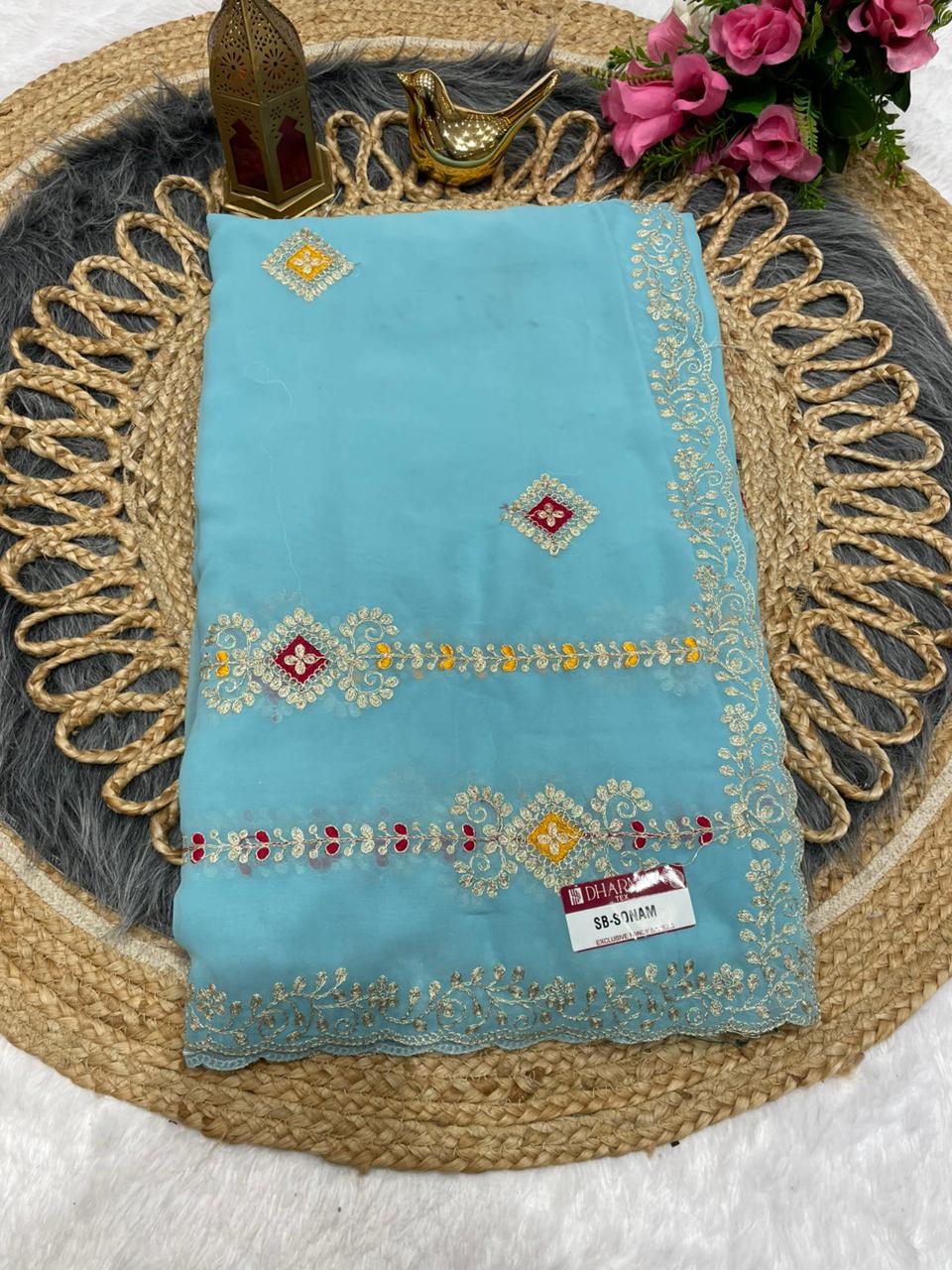 SB-SONAM  STAR GEORGETTE SAREE WITH BEAUTIFUL EMBROIDERY WITH THREAD WORK WITH WORK BLOUSE