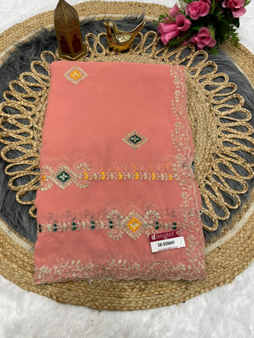 SB-SONAM  STAR GEORGETTE SAREE WITH BEAUTIFUL EMBROIDERY WITH THREAD WORK WITH WORK BLOUSE