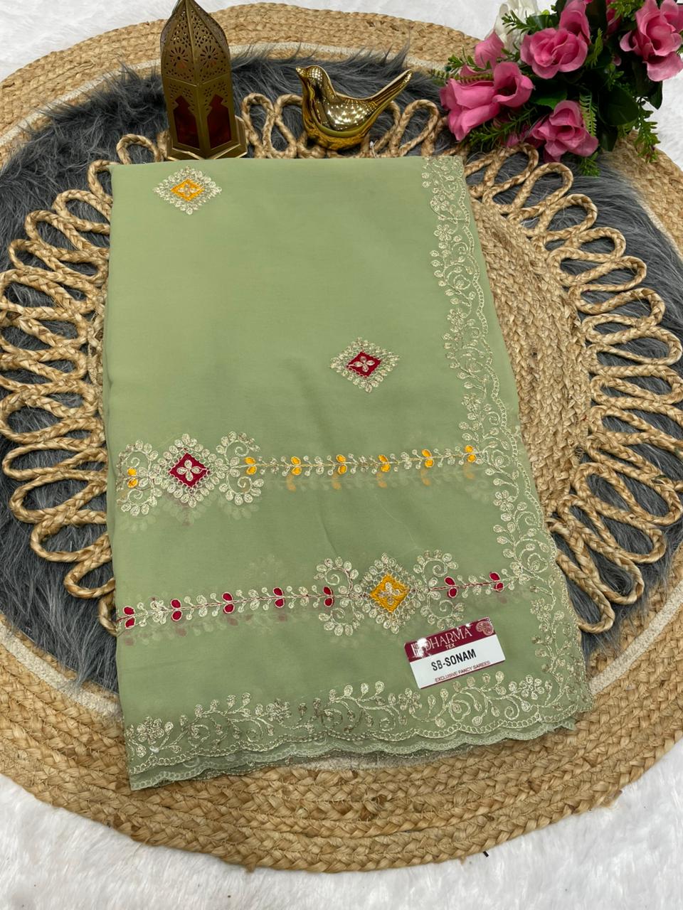 SB-SONAM  STAR GEORGETTE SAREE WITH BEAUTIFUL EMBROIDERY WITH THREAD WORK WITH WORK BLOUSE