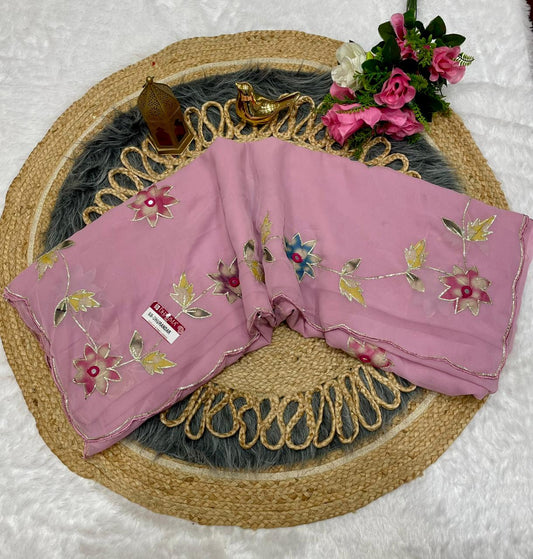 SB-DHURANDAR STAR GEORGETTE SAREE WITH BEAUTIFUL RIBBON WITH MIRROR WKRM WITH BEAUTIFUL CUTWORK BORDER WITH WORK BLOUSE