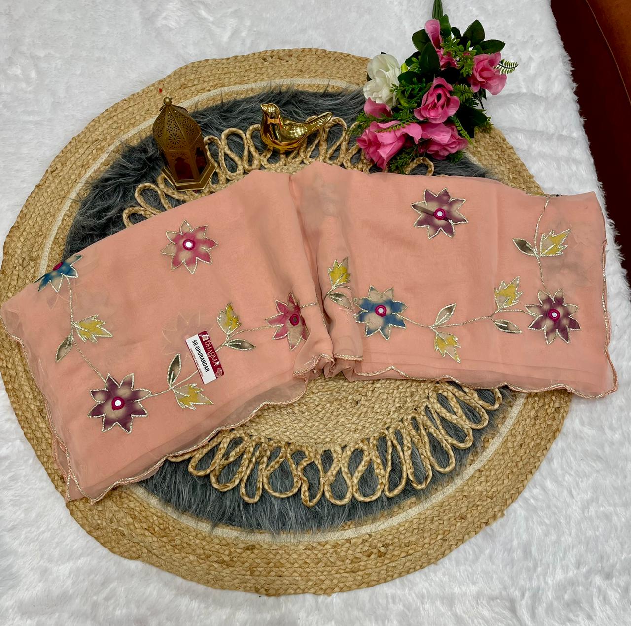 SB-DHURANDAR STAR GEORGETTE SAREE WITH BEAUTIFUL RIBBON WITH MIRROR WKRM WITH BEAUTIFUL CUTWORK BORDER WITH WORK BLOUSE