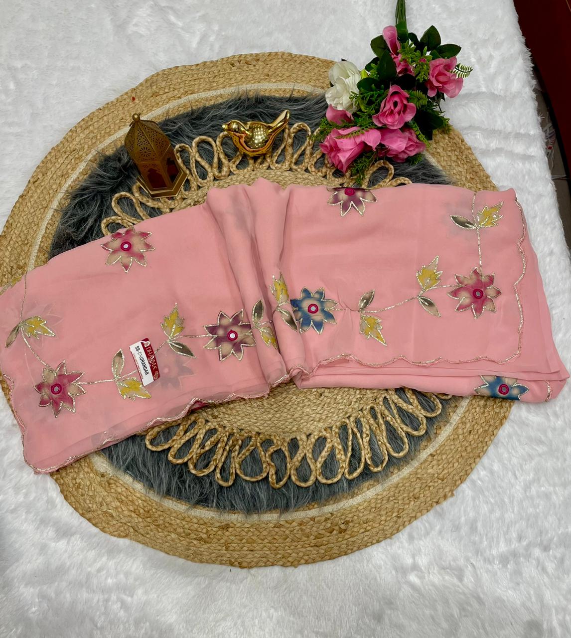 SB-DHURANDAR STAR GEORGETTE SAREE WITH BEAUTIFUL RIBBON WITH MIRROR WKRM WITH BEAUTIFUL CUTWORK BORDER WITH WORK BLOUSE