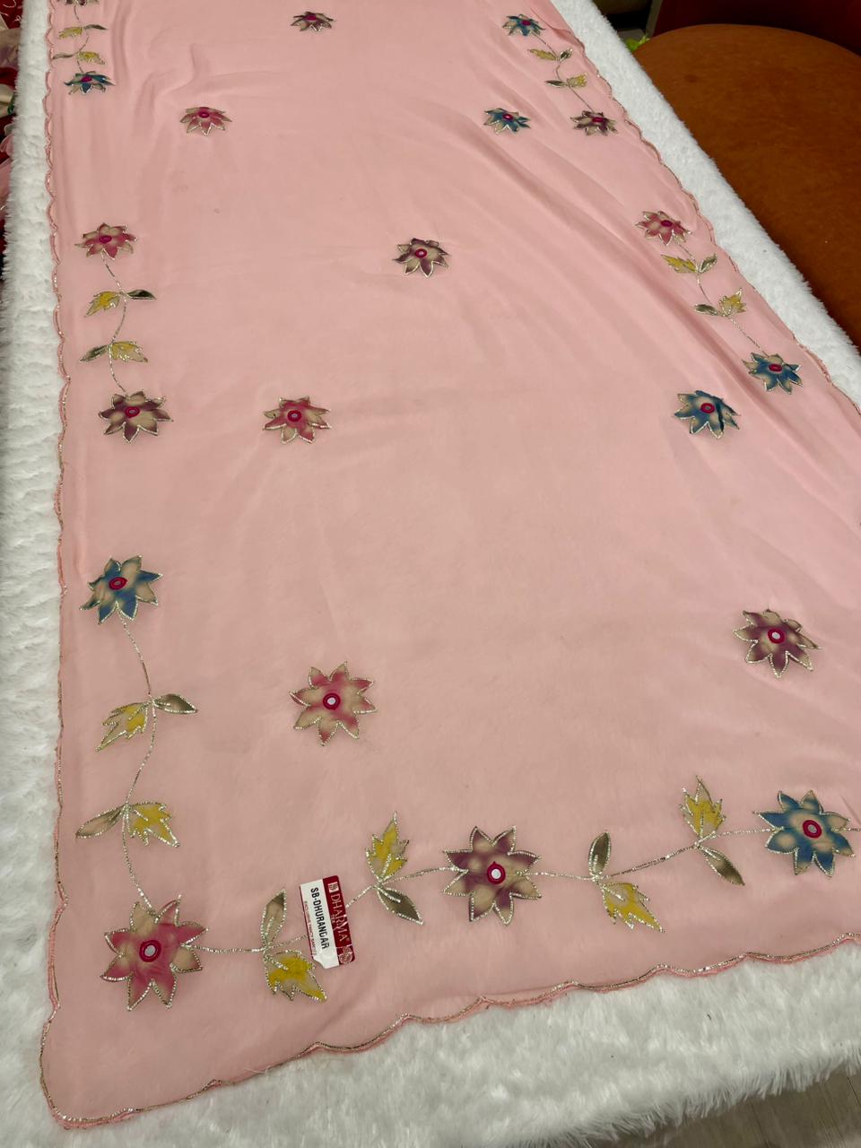 SB-DHURANDAR STAR GEORGETTE SAREE WITH BEAUTIFUL RIBBON WITH MIRROR WKRM WITH BEAUTIFUL CUTWORK BORDER WITH WORK BLOUSE