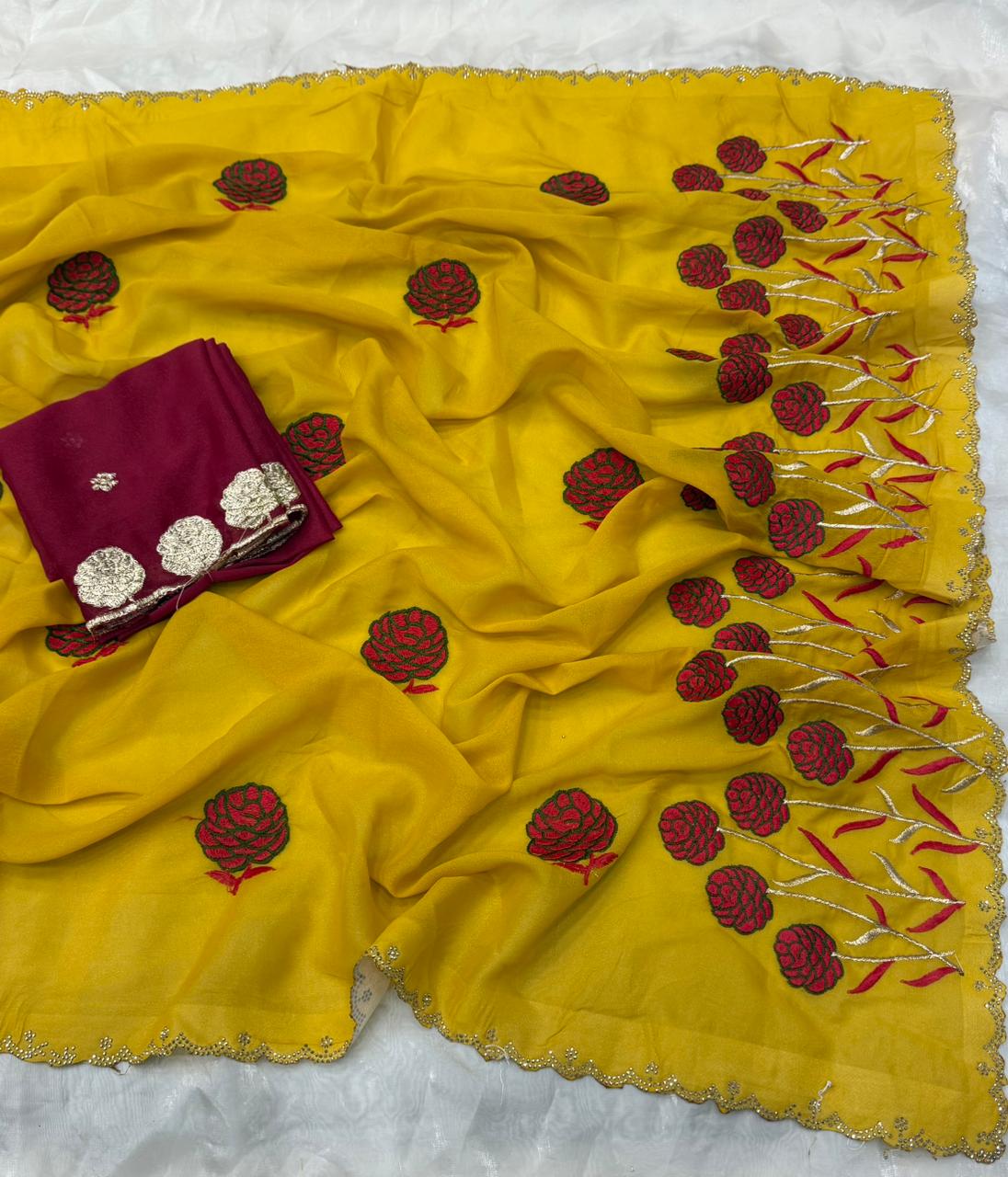 NN-2141 STAR GEORGETTE FABRIC WITH BEAUTIFUL EMBROIDARY WORK WITH C-PALLU DIAMOND WORK ON IT AND CONTRAST HEAVY EMBRODIARY WORK BLOUSE