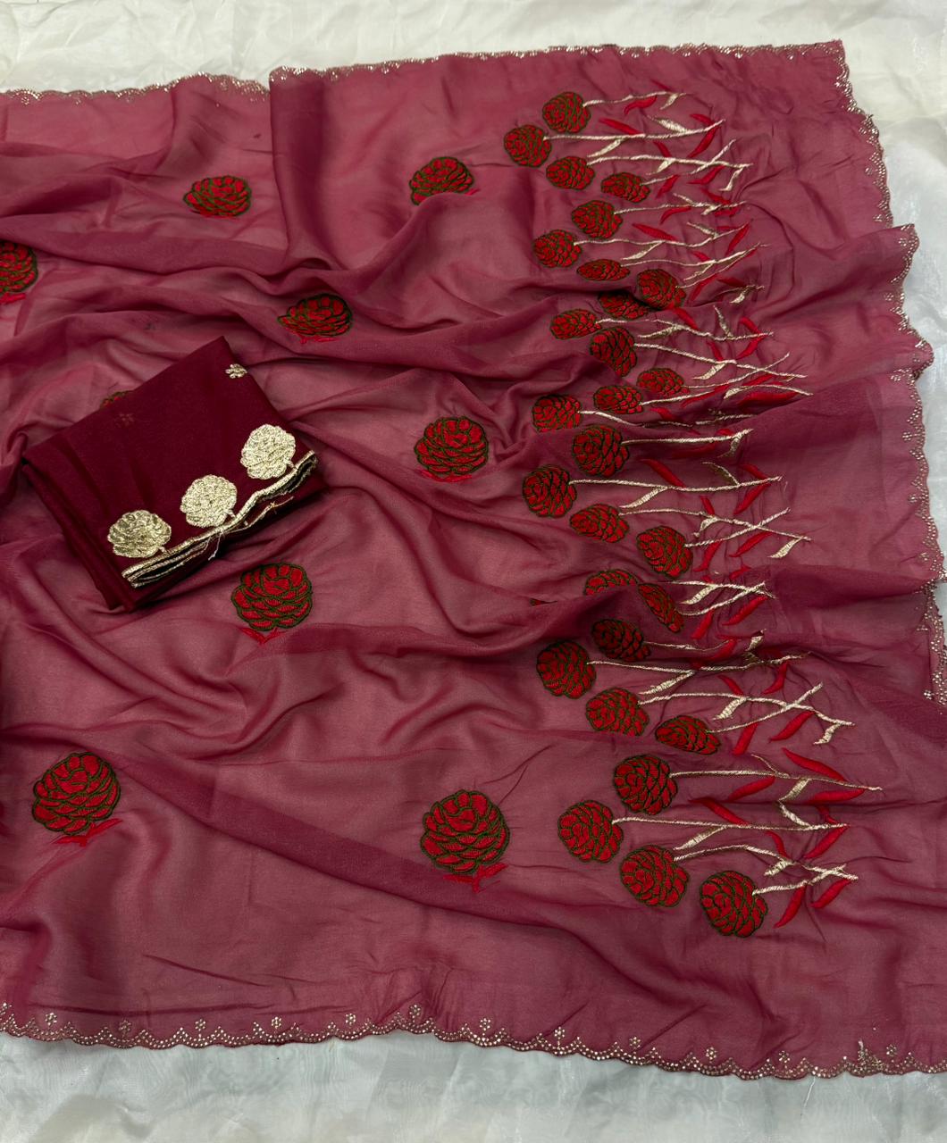 NN-2141 STAR GEORGETTE FABRIC WITH BEAUTIFUL EMBROIDARY WORK WITH C-PALLU DIAMOND WORK ON IT AND CONTRAST HEAVY EMBRODIARY WORK BLOUSE