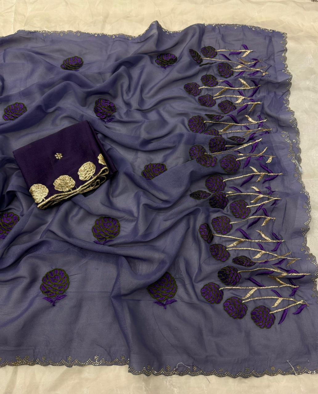 NN-2141 STAR GEORGETTE FABRIC WITH BEAUTIFUL EMBROIDARY WORK WITH C-PALLU DIAMOND WORK ON IT AND CONTRAST HEAVY EMBRODIARY WORK BLOUSE