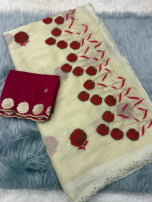 NN-2142 STAR GEORGETTE FABRIC WITH BEAUTIFUL EMBROIDARY WORK WITH C-PALLU DIAMOND WORK ON IT AND CONTRAST HEAVY EMBRODIARY WORK BLOUSE