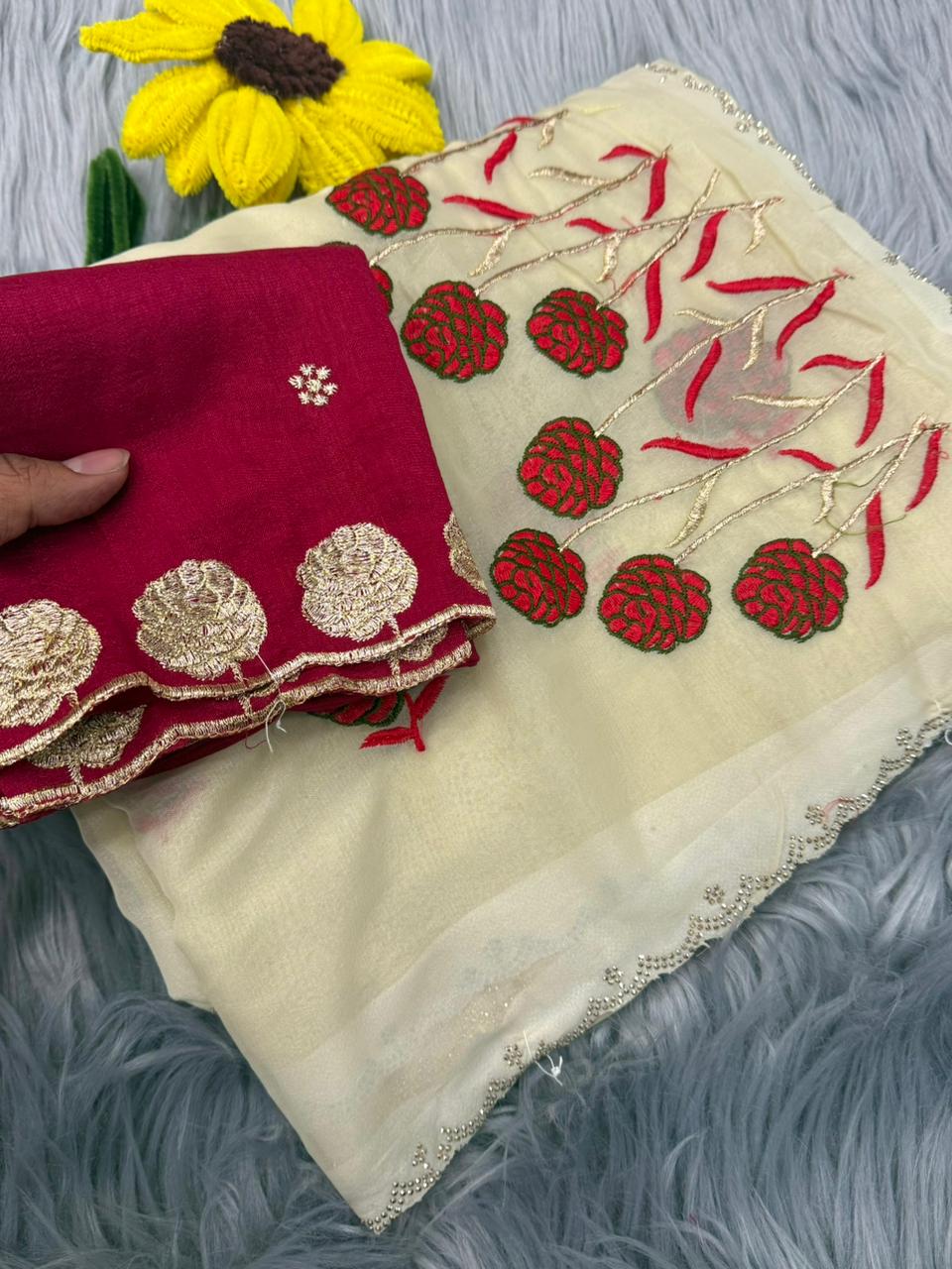 NN-2142 STAR GEORGETTE FABRIC WITH BEAUTIFUL EMBROIDARY WORK WITH C-PALLU DIAMOND WORK ON IT AND CONTRAST HEAVY EMBRODIARY WORK BLOUSE