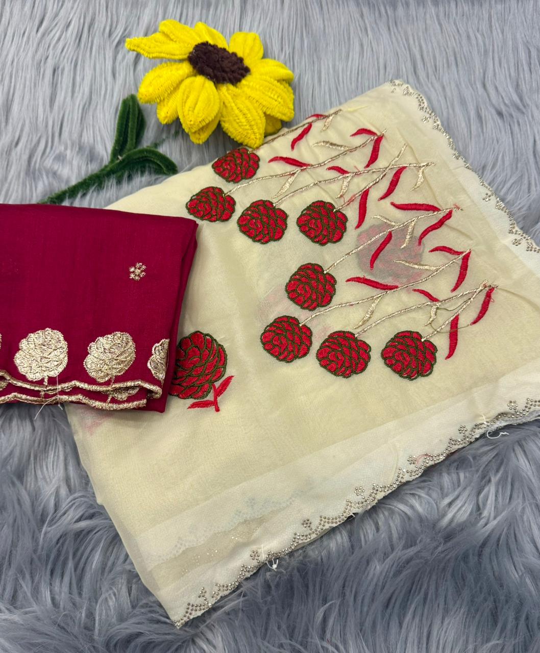 NN-2142 STAR GEORGETTE FABRIC WITH BEAUTIFUL EMBROIDARY WORK WITH C-PALLU DIAMOND WORK ON IT AND CONTRAST HEAVY EMBRODIARY WORK BLOUSE