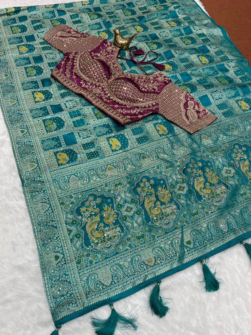 AJ-SIDDHI Satin Silk saree with ghatchola design with jarkan work with meenakari work half half design with contrast fully stitched blouse