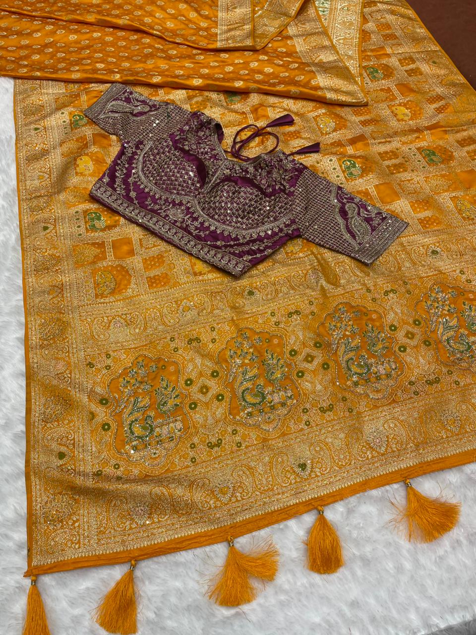AJ-SIDDHI Satin Silk saree with ghatchola design with jarkan work with meenakari work half half design with contrast fully stitched blouse