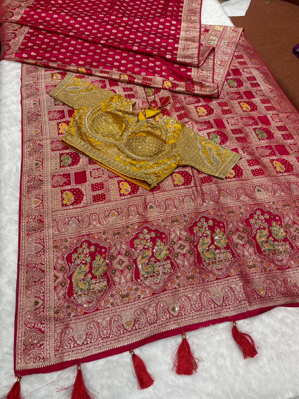 AJ-SIDDHI Satin Silk saree with ghatchola design with jarkan work with meenakari work half half design with contrast fully stitched blouse