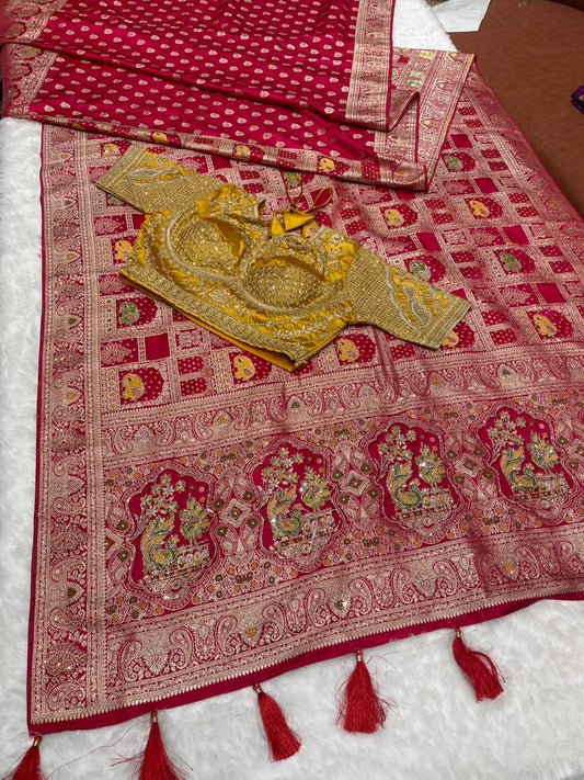 AJ-SIDDHI Satin Silk saree with ghatchola design with jarkan work with meenakari work half half design with contrast fully stitched blouse
