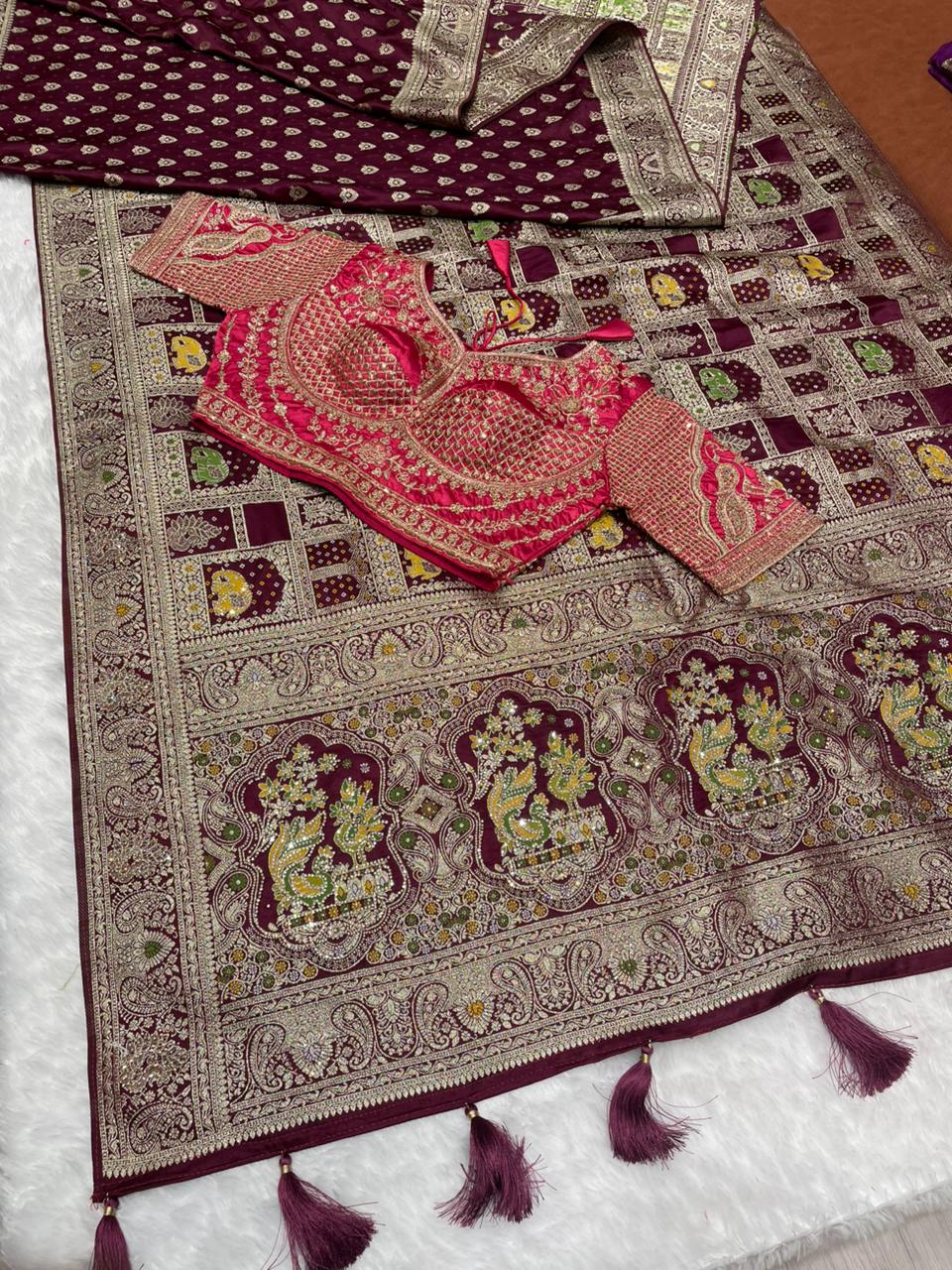 AJ-SIDDHI Satin Silk saree with ghatchola design with jarkan work with meenakari work half half design with contrast fully stitched blouse