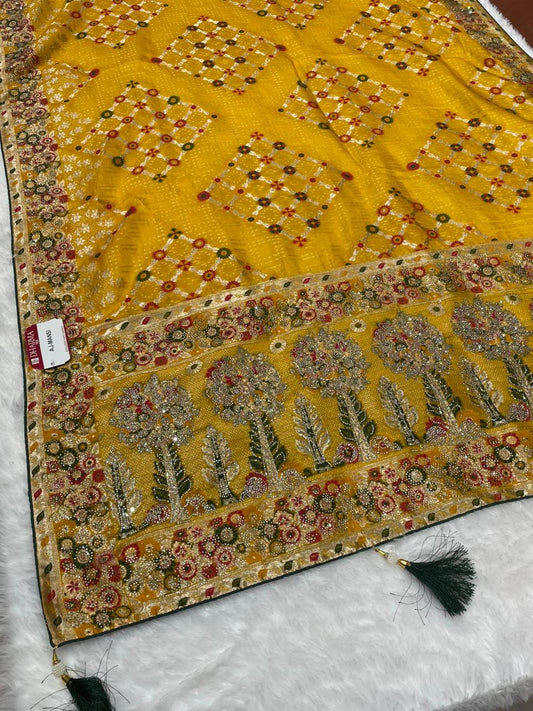 AJ-MANSI FENDI SATIN SILK SAREE WITH POSITION STYLE WEAVING DESIGN WITH HEAVY PALLU WITH FIGURE TO FIGURE JARKAN WORK WITH PREMIUM DYING WITH BEAUTIFUL DAMAN DESIGN WITH BUTTI BLOUSE