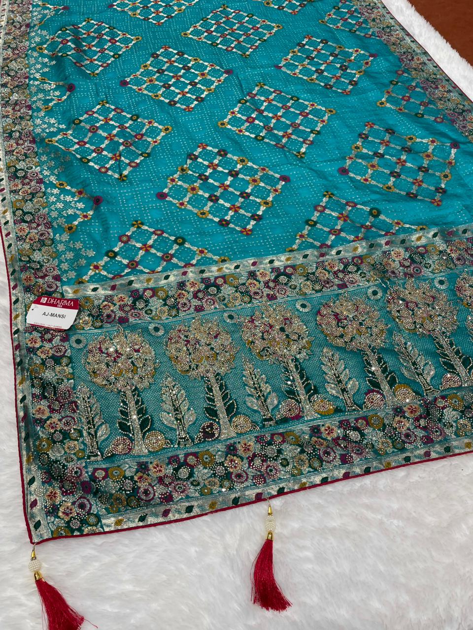 AJ-MANSI FENDI SATIN SILK SAREE WITH POSITION STYLE WEAVING DESIGN WITH HEAVY PALLU WITH FIGURE TO FIGURE JARKAN WORK WITH PREMIUM DYING WITH BEAUTIFUL DAMAN DESIGN WITH BUTTI BLOUSE