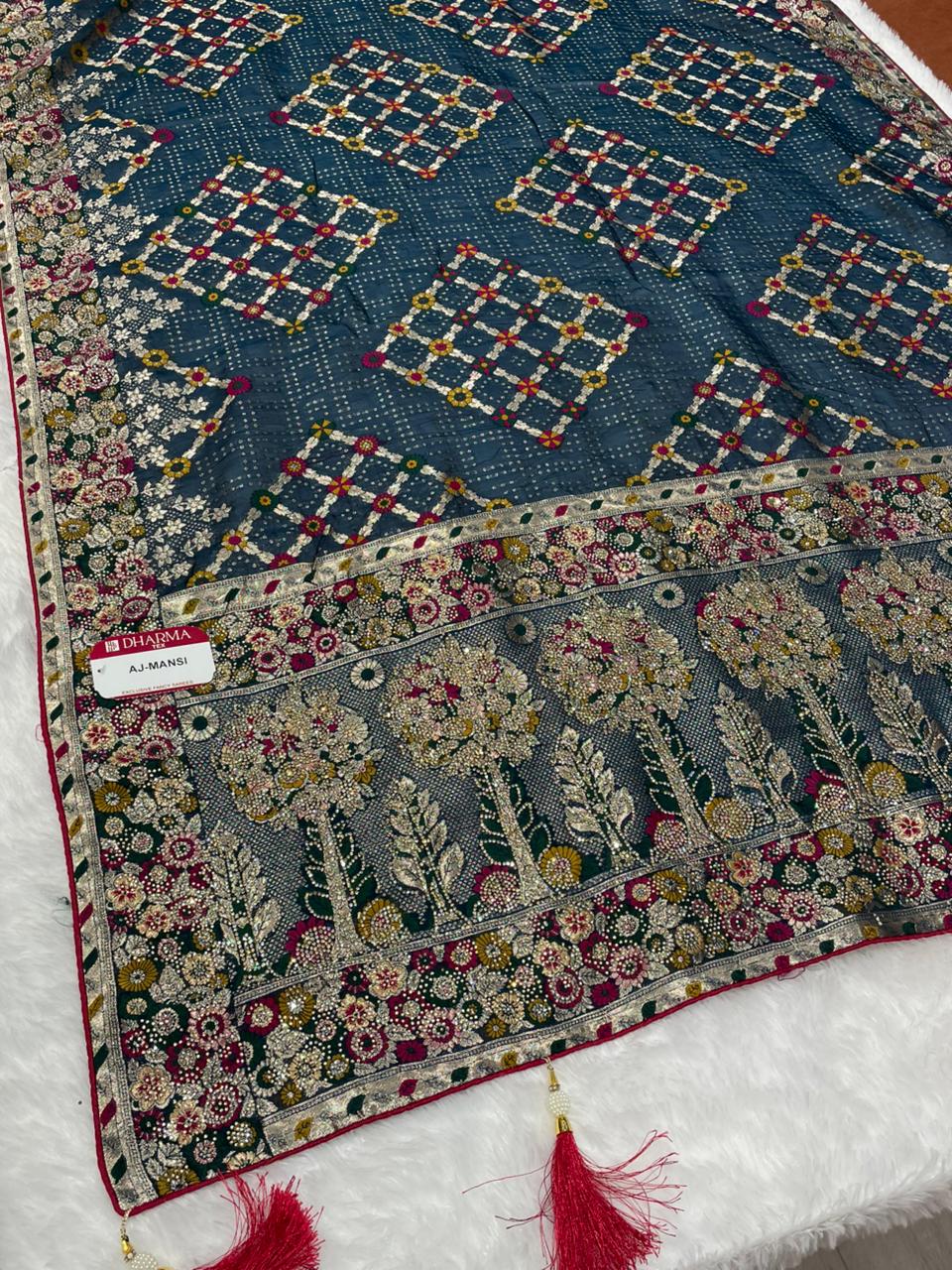 AJ-MANSI FENDI SATIN SILK SAREE WITH POSITION STYLE WEAVING DESIGN WITH HEAVY PALLU WITH FIGURE TO FIGURE JARKAN WORK WITH PREMIUM DYING WITH BEAUTIFUL DAMAN DESIGN WITH BUTTI BLOUSE