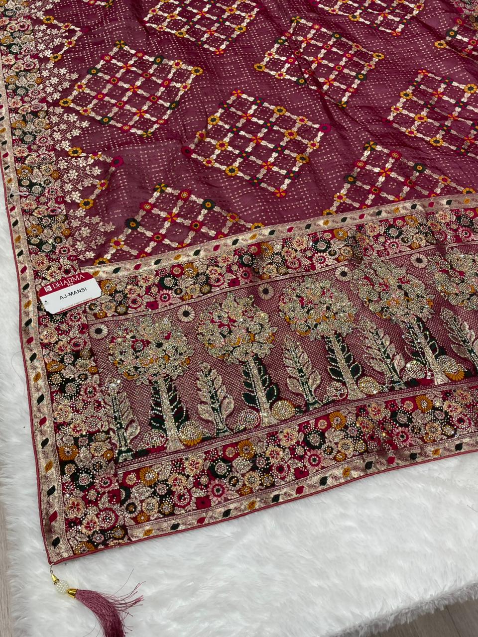 AJ-MANSI FENDI SATIN SILK SAREE WITH POSITION STYLE WEAVING DESIGN WITH HEAVY PALLU WITH FIGURE TO FIGURE JARKAN WORK WITH PREMIUM DYING WITH BEAUTIFUL DAMAN DESIGN WITH BUTTI BLOUSE