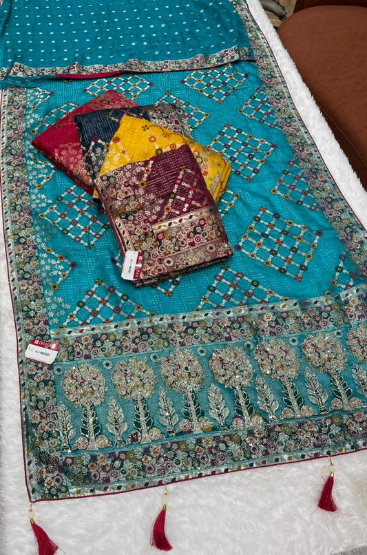 AJ-MANSI FENDI SATIN SILK SAREE WITH POSITION STYLE WEAVING DESIGN WITH HEAVY PALLU WITH FIGURE TO FIGURE JARKAN WORK WITH PREMIUM DYING WITH BEAUTIFUL DAMAN DESIGN WITH BUTTI BLOUSE