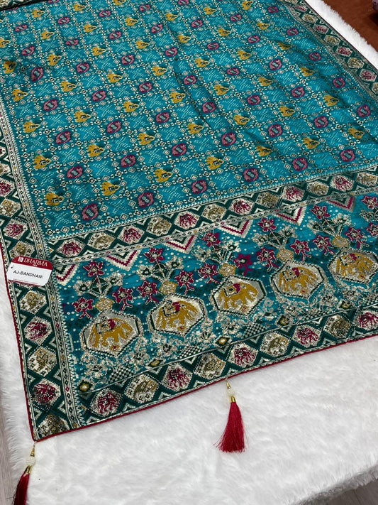 AJ-BANDHANI FENDI SILK SAREE WITH BEAUTIFUL PATOLA PRINT DESIGN WITH EMBORIDERY WORK WITH HEAVY JARKAN WORK ON SAREE WITH LUXURIOUS TASSELS