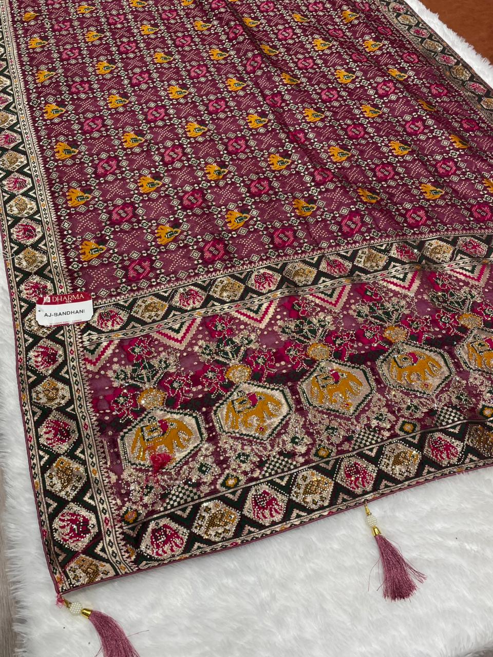 AJ-BANDHANI FENDI SILK SAREE WITH BEAUTIFUL PATOLA PRINT DESIGN WITH EMBORIDERY WORK WITH HEAVY JARKAN WORK ON SAREE WITH LUXURIOUS TASSELS