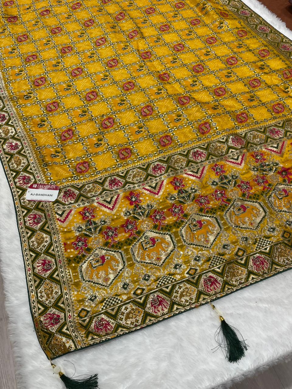 AJ-BANDHANI FENDI SILK SAREE WITH BEAUTIFUL PATOLA PRINT DESIGN WITH EMBORIDERY WORK WITH HEAVY JARKAN WORK ON SAREE WITH LUXURIOUS TASSELS
