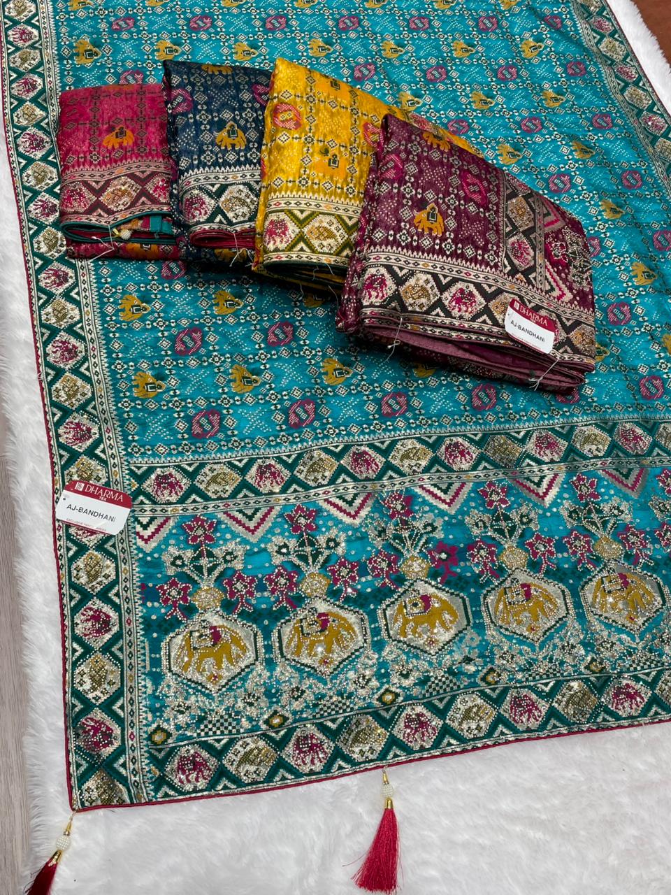 AJ-BANDHANI FENDI SILK SAREE WITH BEAUTIFUL PATOLA PRINT DESIGN WITH EMBORIDERY WORK WITH HEAVY JARKAN WORK ON SAREE WITH LUXURIOUS TASSELS