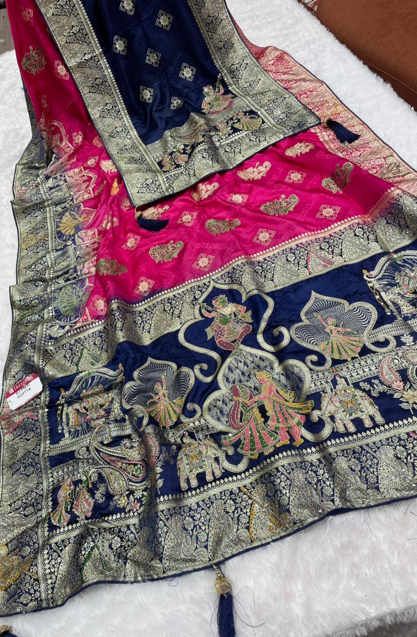 AJ-PRITI-DUPTTA SATIN SILK  SAREE WITH FULL HEAVY JARKAN WORK WITH MULTI MEEN WORK WITH CHAP DYING WORK WITH HEAVY PIPING AND LUXURY TASSELS WITH DUPPATA WITH JARKAN WORK AND MOST TRENDING SAREE