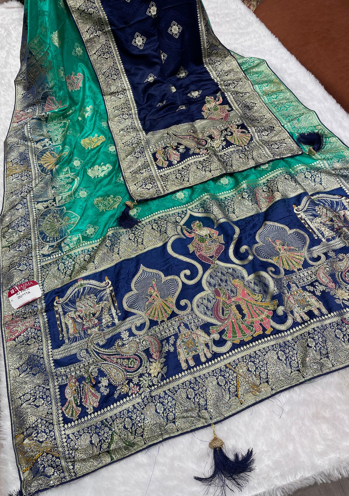 AJ-PRITI-DUPTTA SATIN SILK  SAREE WITH FULL HEAVY JARKAN WORK WITH MULTI MEEN WORK WITH CHAP DYING WORK WITH HEAVY PIPING AND LUXURY TASSELS WITH DUPPATA WITH JARKAN WORK AND MOST TRENDING SAREE