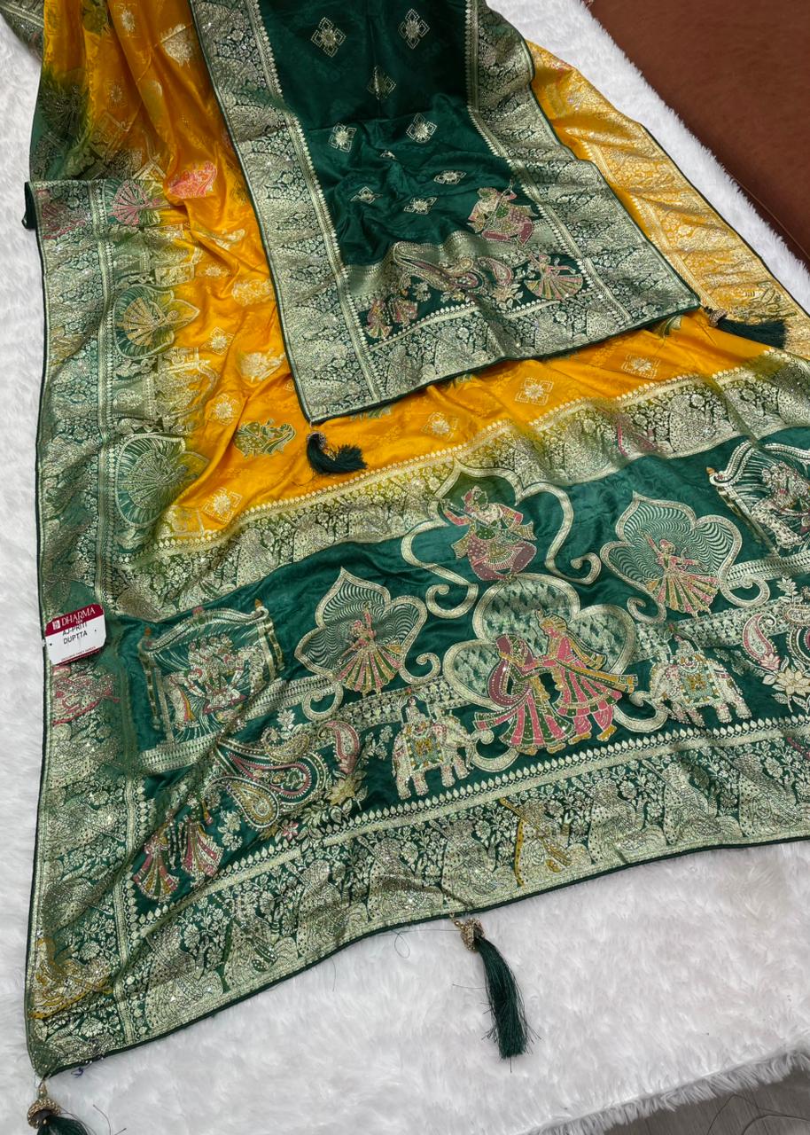 AJ-PRITI-DUPTTA SATIN SILK  SAREE WITH FULL HEAVY JARKAN WORK WITH MULTI MEEN WORK WITH CHAP DYING WORK WITH HEAVY PIPING AND LUXURY TASSELS WITH DUPPATA WITH JARKAN WORK AND MOST TRENDING SAREE