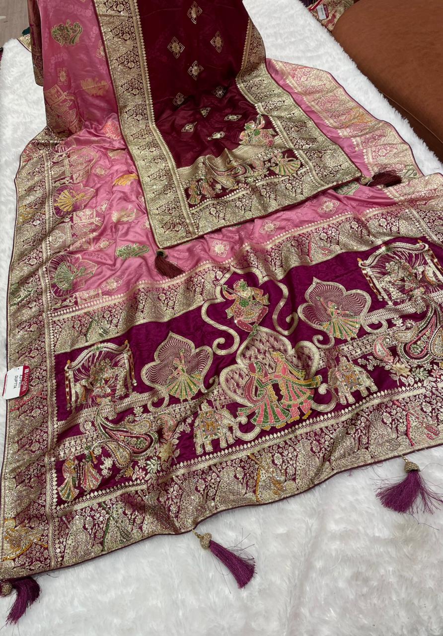 AJ-PRITI-DUPTTA SATIN SILK  SAREE WITH FULL HEAVY JARKAN WORK WITH MULTI MEEN WORK WITH CHAP DYING WORK WITH HEAVY PIPING AND LUXURY TASSELS WITH DUPPATA WITH JARKAN WORK AND MOST TRENDING SAREE