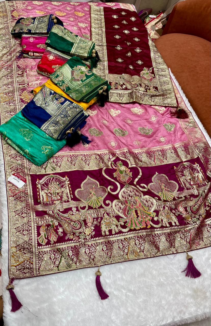 AJ-PRITI-DUPTTA SATIN SILK  SAREE WITH FULL HEAVY JARKAN WORK WITH MULTI MEEN WORK WITH CHAP DYING WORK WITH HEAVY PIPING AND LUXURY TASSELS WITH DUPPATA WITH JARKAN WORK AND MOST TRENDING SAREE