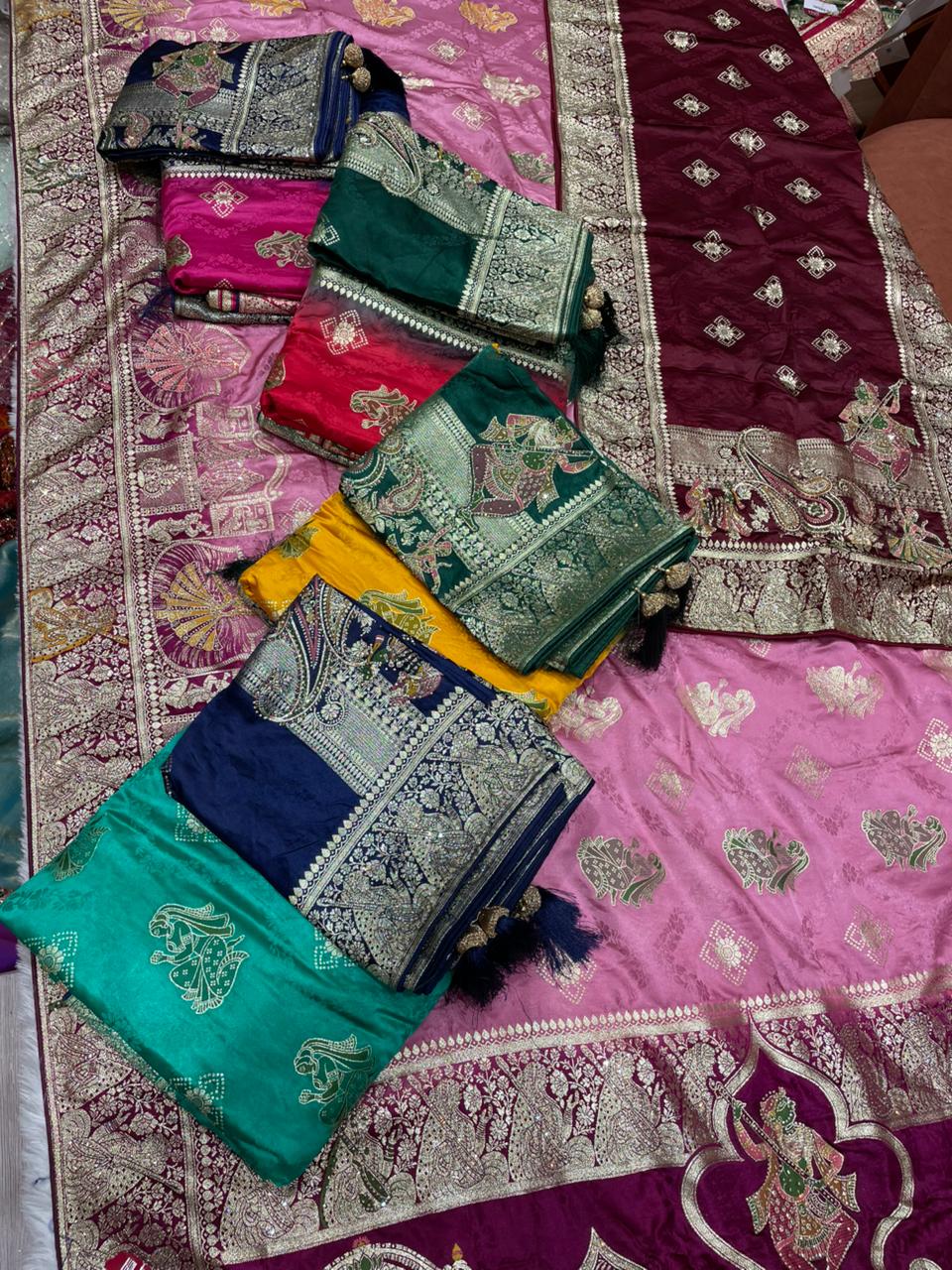 AJ-PRITI-DUPTTA SATIN SILK  SAREE WITH FULL HEAVY JARKAN WORK WITH MULTI MEEN WORK WITH CHAP DYING WORK WITH HEAVY PIPING AND LUXURY TASSELS WITH DUPPATA WITH JARKAN WORK AND MOST TRENDING SAREE