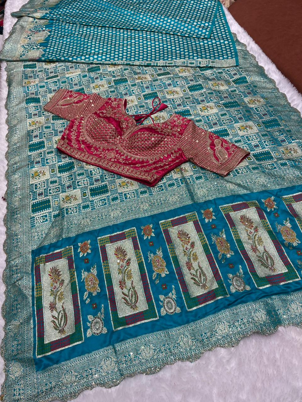 AJ-NIMANTRAN Satin Silk saree with bandani ghatchola design with contrast fully stitched blouse