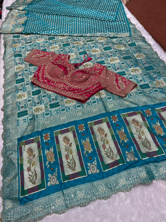 AJ-NIMANTRAN Satin Silk saree with bandani ghatchola design with contrast fully stitched blouse