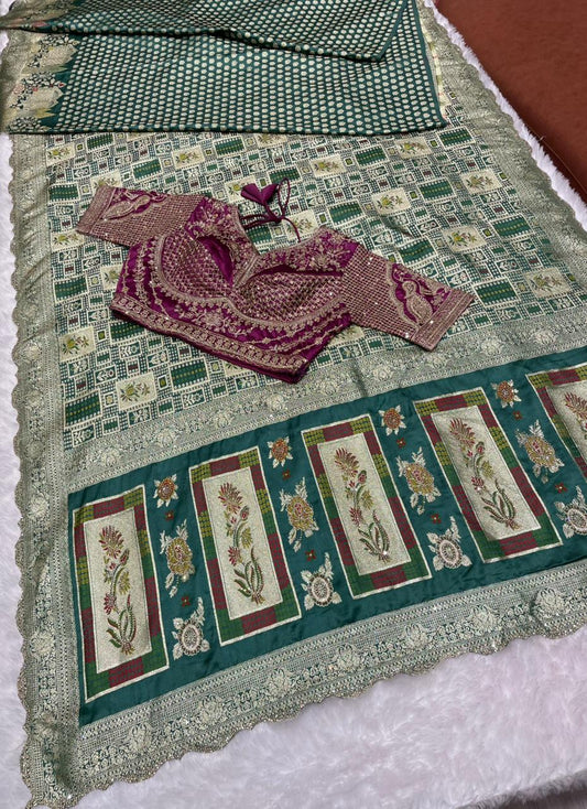 AJ-NIMANTRAN Satin Silk saree with bandani ghatchola design with contrast fully stitched blouse