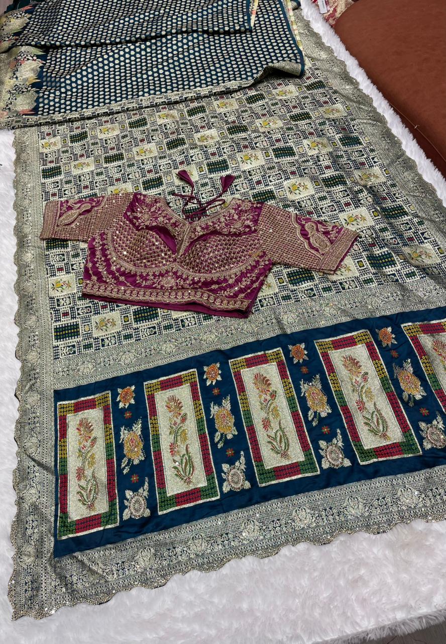 AJ-NIMANTRAN Satin Silk saree with bandani ghatchola design with contrast fully stitched blouse