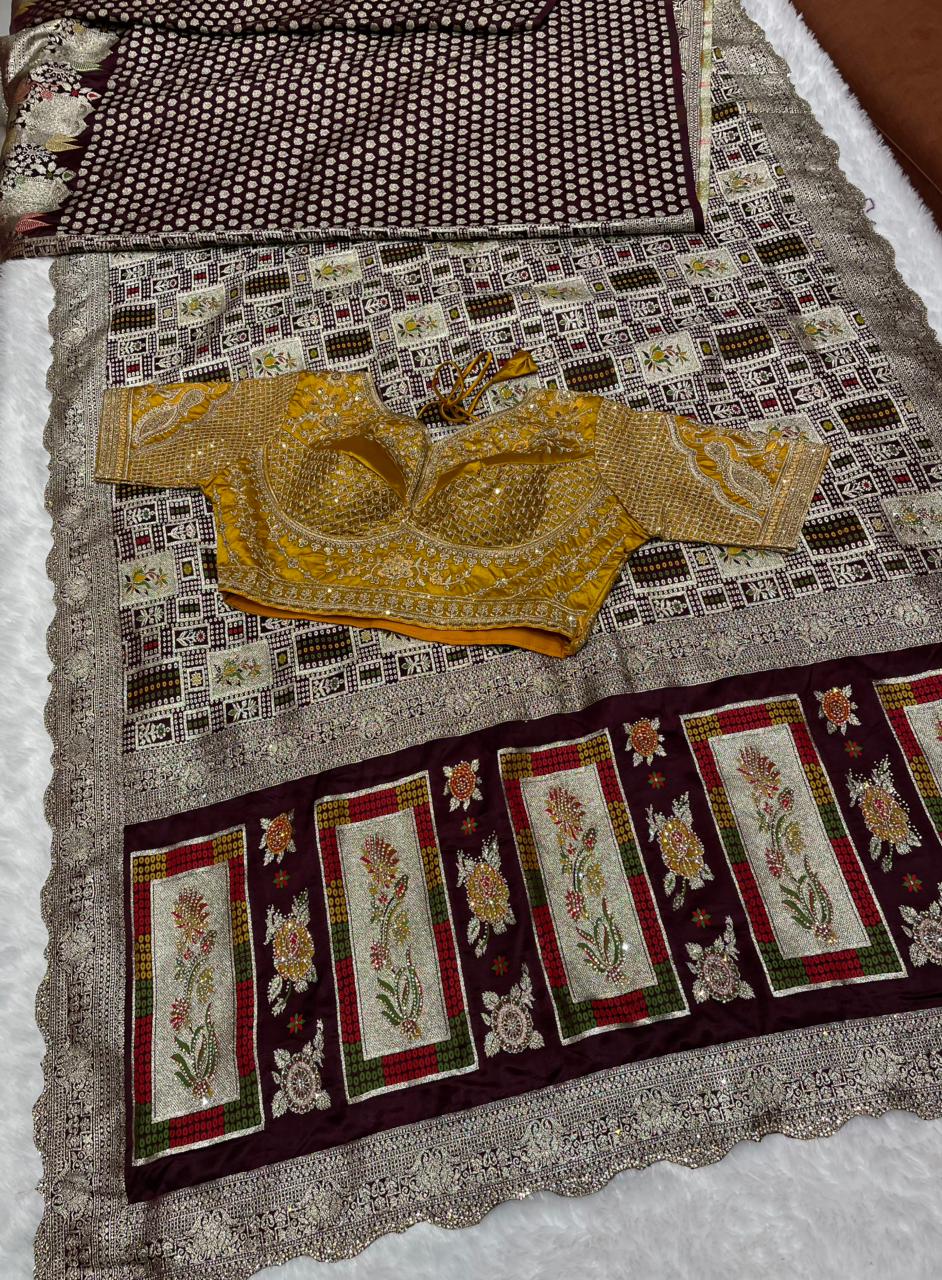 AJ-NIMANTRAN Satin Silk saree with bandani ghatchola design with contrast fully stitched blouse
